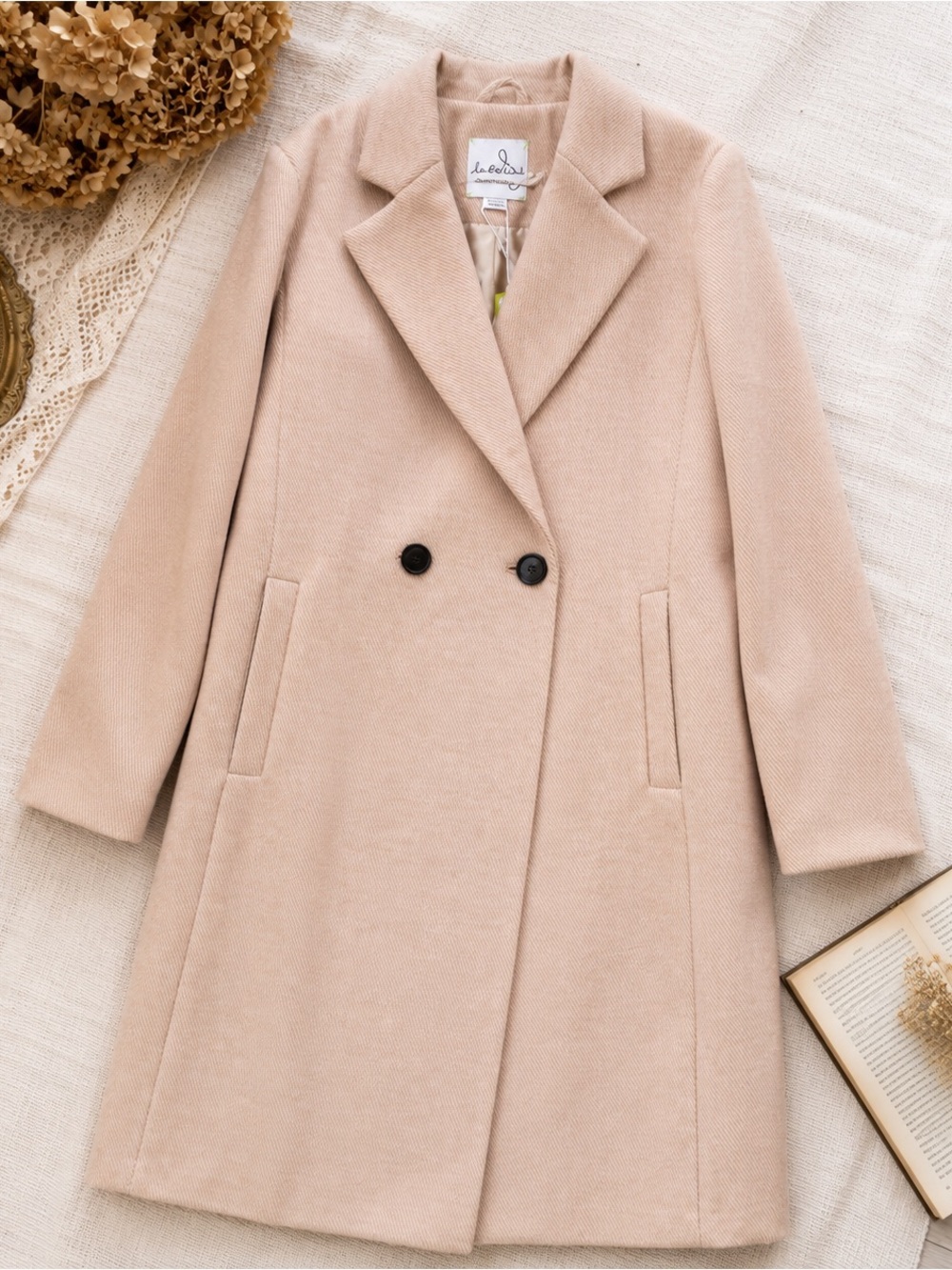 Sam Edelman NWT Tan & White Walking Coat XL Double Breasted Textured Long Coat